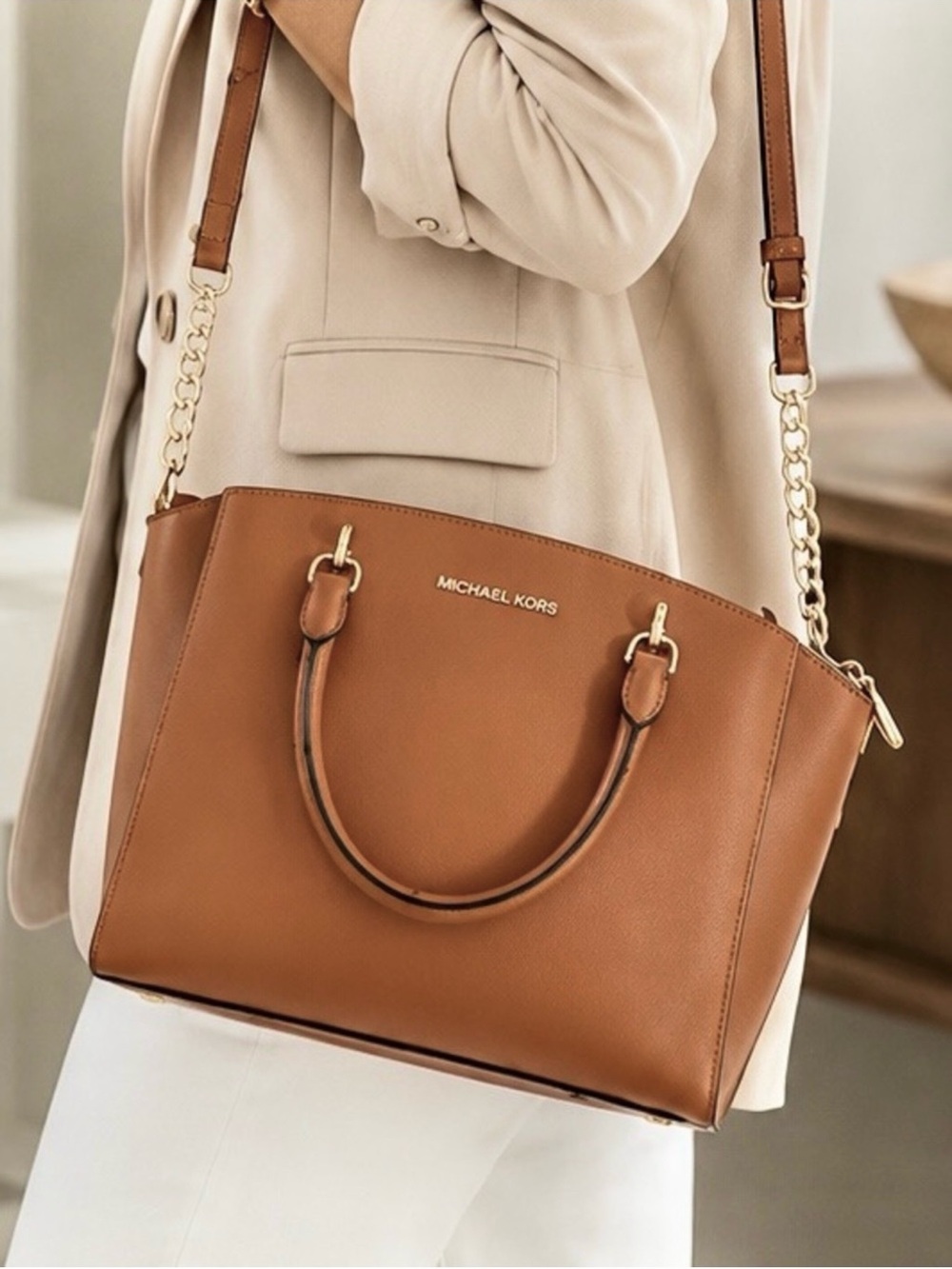 Ellis Large Satchel Crossbody Tote Brown Leather